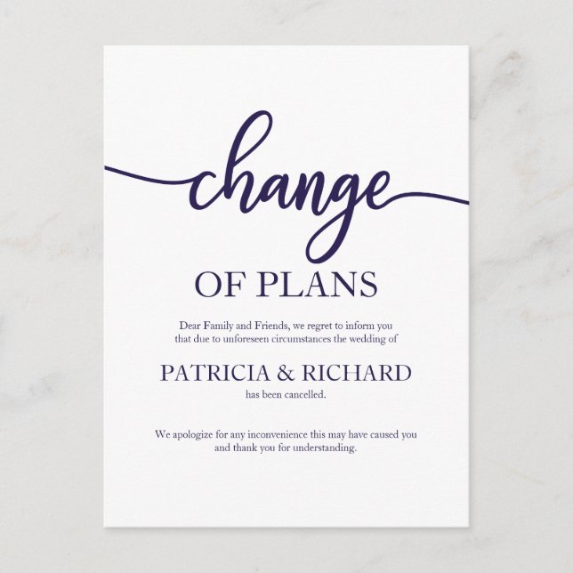 Carte Postale Changement de plans Mariage reporté Script Navy Bl (Devant)