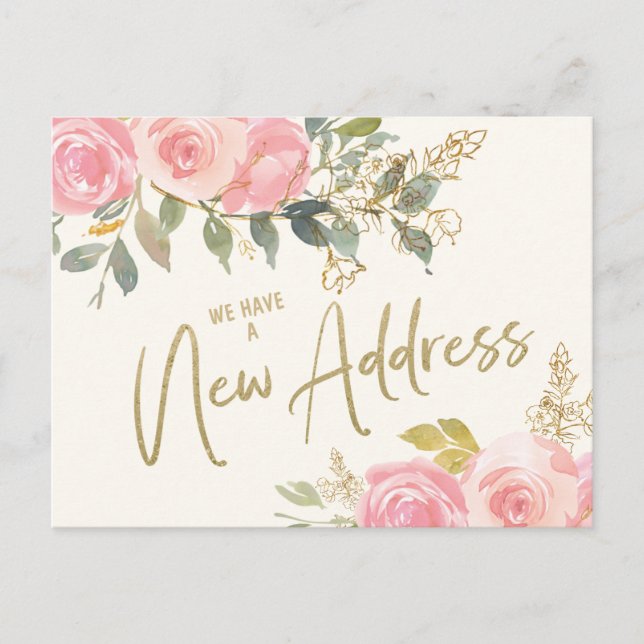 Carte Postale Changer d'adresse Elegant Blush Rose Floral Or (Devant)