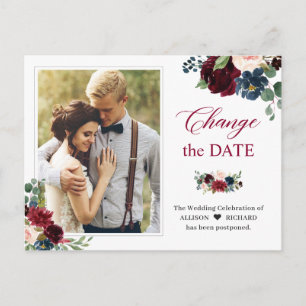 Carte Postale Changer la date Burgundy Blush Navy Floral Photo