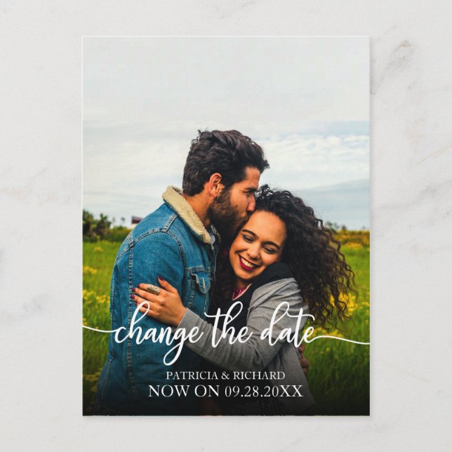 Carte Postale Changer la date du mariage reporté élégant script (Devant)