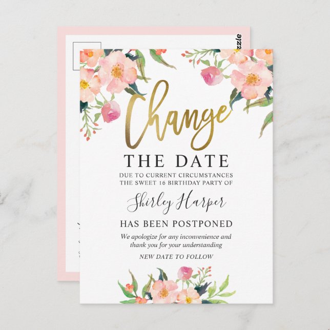 Carte Postale Changer la date écriture dorée florale rose (Devant / Derrière)