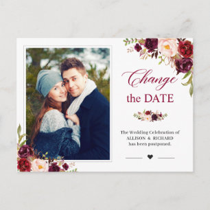 Carte Postale Changer la date Rustique Bourgogne Blush Floral Ph