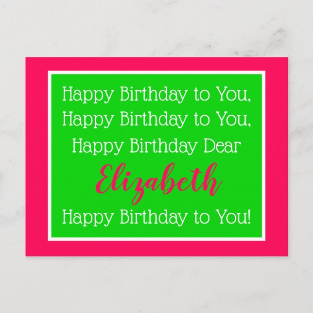 Carte Postale Chanson d'anniversaire rose et verte chic (Devant)