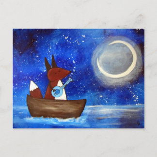 Carte Postale Chant Whimsical Fox Art Boat Blue Kids mignonne