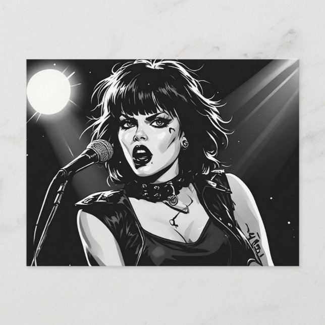 Carte Postale Chanteuse goth punk de style BD noir et blanc des  (Devant)