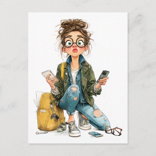 Carte Postale Chaos Whimsical Tech-Overload Girl (Devant)