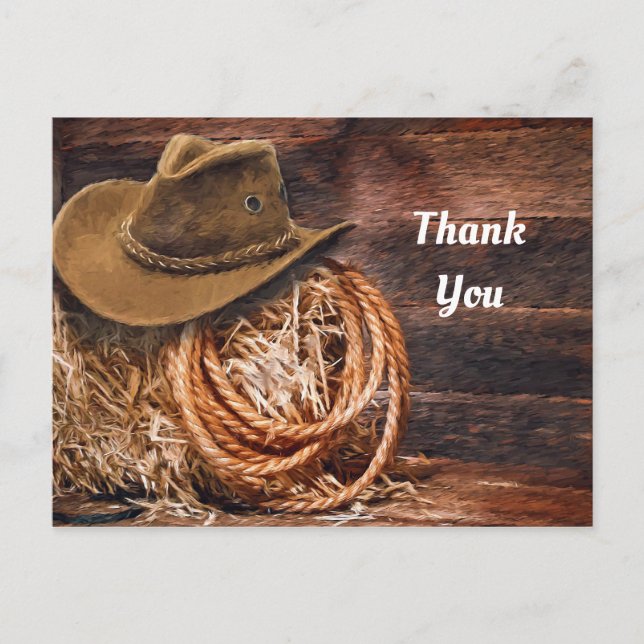 Carte Postale Chapeau de Cowboy Rustique Corde Foin Photo Merci (Devant)