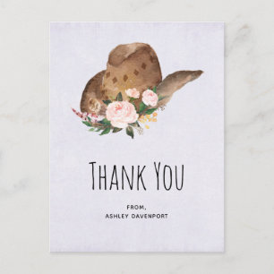 Carte Postale Chapeau de cowgirl marron avec fleurs roses Merci