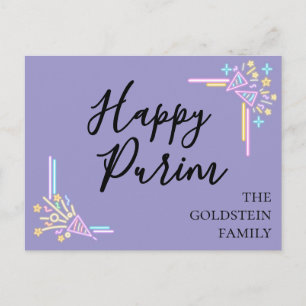 Carte Postale Chapeau de fête néon violet de Pourim avec nom sur