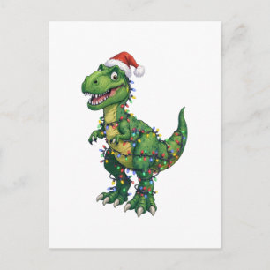 Carte Postale Chapeau de Noël de dinosaure T-Rex Lumières de Noë