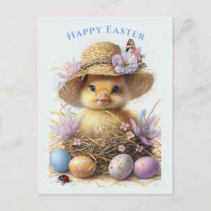 Carte Postale Chapeau de paille de caneton adorable Œuf de Pâque