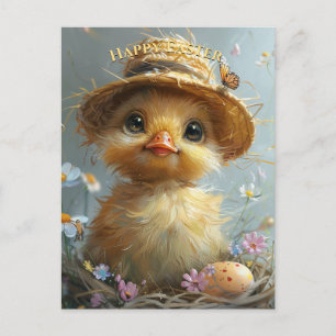 Carte Postale Chapeau de paille de caneton adorable Pâques Œuf F