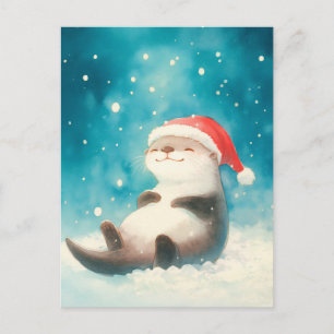 Carte Postale Chapeau de Père Noël de loutre à l'aquarelle joyeu