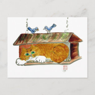 Carte Postale Chargeur d'oiseaux et chat de tigre orange