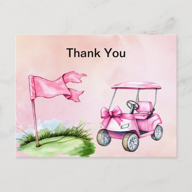 Carte Postale Chariot de golf rose thème Fille aquarelle Merci  (Devant)