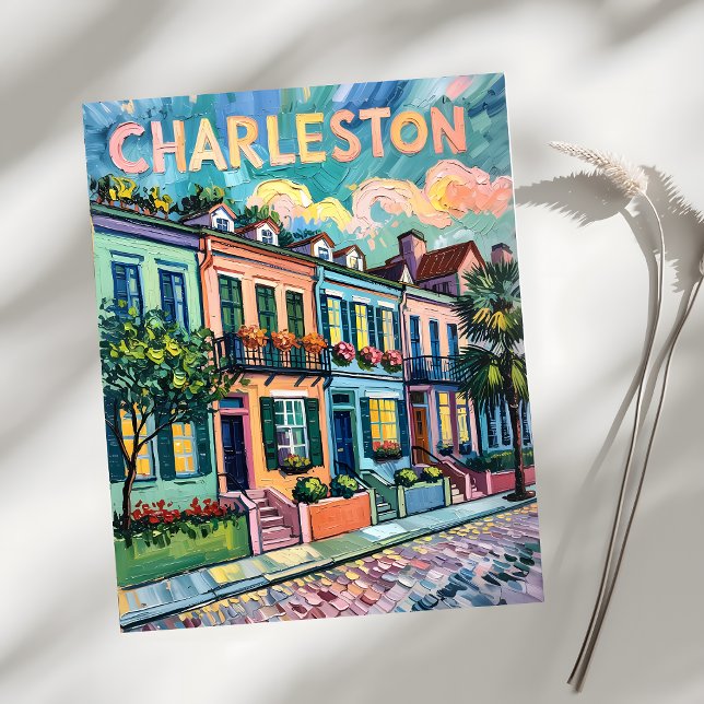 Carte Postale Charleston Rainbow Row Colorée Van Gogh Travel (Créateur téléchargé)