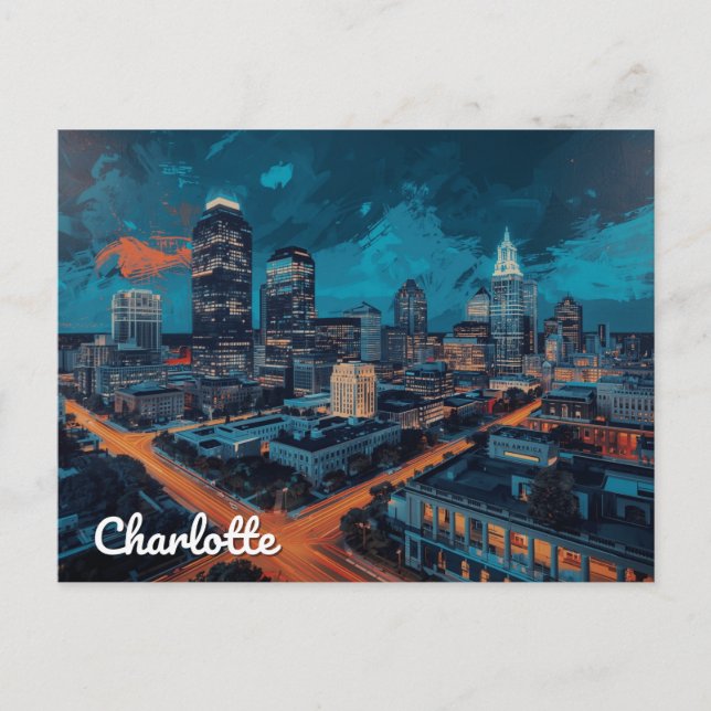Carte Postale Charlotte NC Uptown Night City Art (Devant)