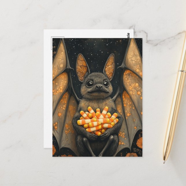 Carte Postale Charmant chat chauve-souris d'Halloween avec des b (Devant/Arrière en situation)