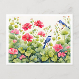 Carte Postale Charmante scène de jardin, bleuets et fleurs roses