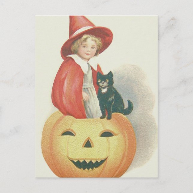 Carte Postale Charmante Sorcière Chat Noir Citrouille (Devant)