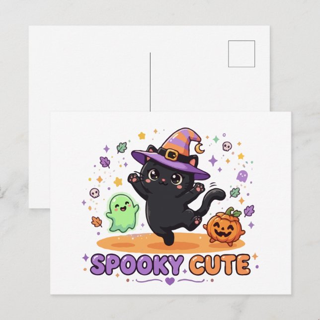 Carte Postale Charmante Sorcière Chat Noir Halloween (Devant / Derrière)