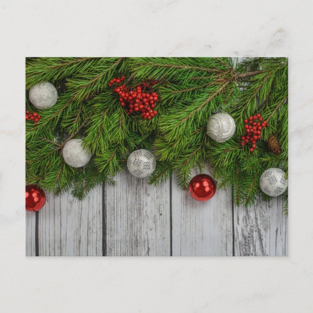 Carte Postale Charme de vacances rustique : Pin, Holly & Baubles (Devant)