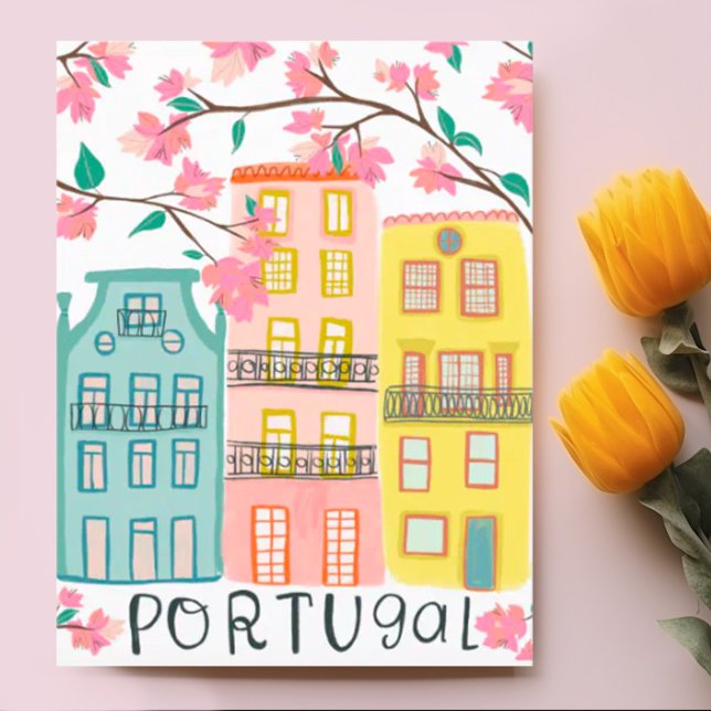 Carte Postale Charme Portugal maisons artisanales artisanales ar (Sweet custom art of houses in Porto Portugal with pink flowers. Add your own text)