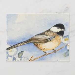 Carte Postale Charming Chickadee Flowers Aquarelle