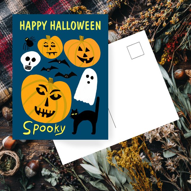 Carte Postale Charming Funny Citrouilles Ghost Bat HAPPY HALLOWE (Charming Funny Pumpkins Ghost Bat HAPPY HALLOWEEN Cute Hand-drawn Postcard
)