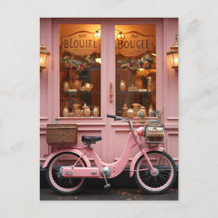 Carte Postale Charming Pink Storfront avec Vintage Moped