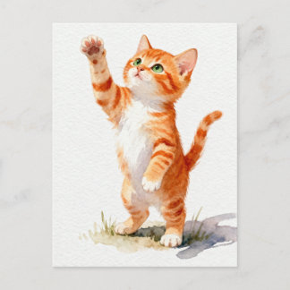 Carte Postale Charming Watercolor Orange Tabby Kitten Reaching