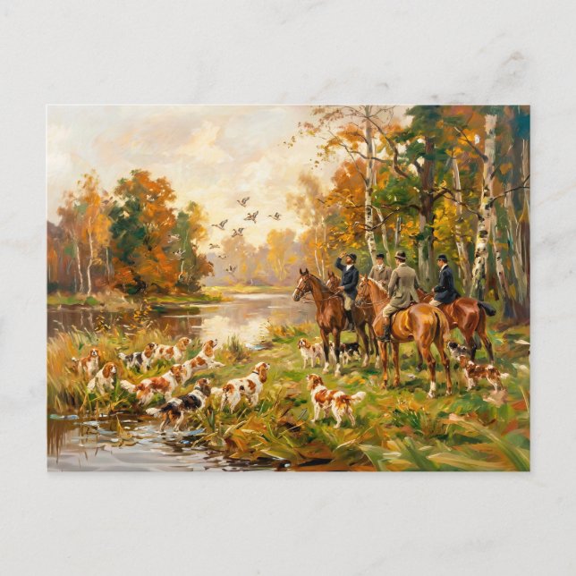 Carte Postale Chasse au canard à cheval avec des épagneuls (Devant)