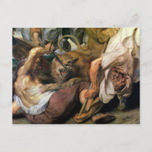 Carte Postale Chasse au lion, détail de deux hommes et un lion,