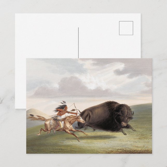 Carte Postale Chasse aux bisons, Poursuite (1884) chromolithogra (Devant / Derrière)