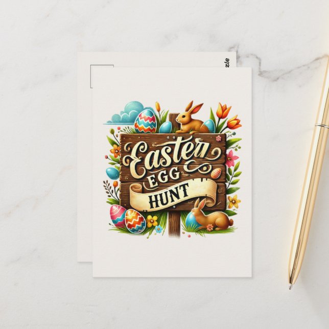 Carte Postale Chasse aux oeufs de Pâques mignonne (Devant/Arrière en situation)