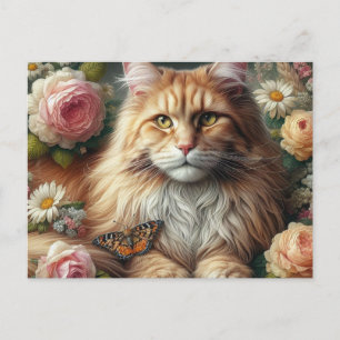 Carte Postale Chat à coon du Maine victorien avec roses roses