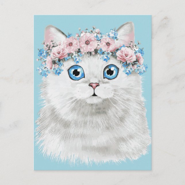 Carte Postale Chat à fleurs blanc doux (Devant)