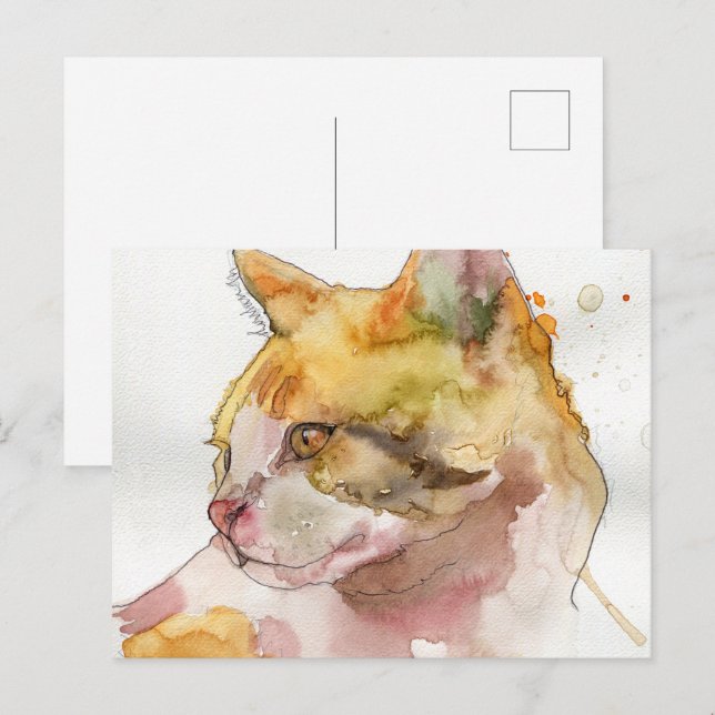Carte Postale Chat à l'aquarelle (Devant / Derrière)
