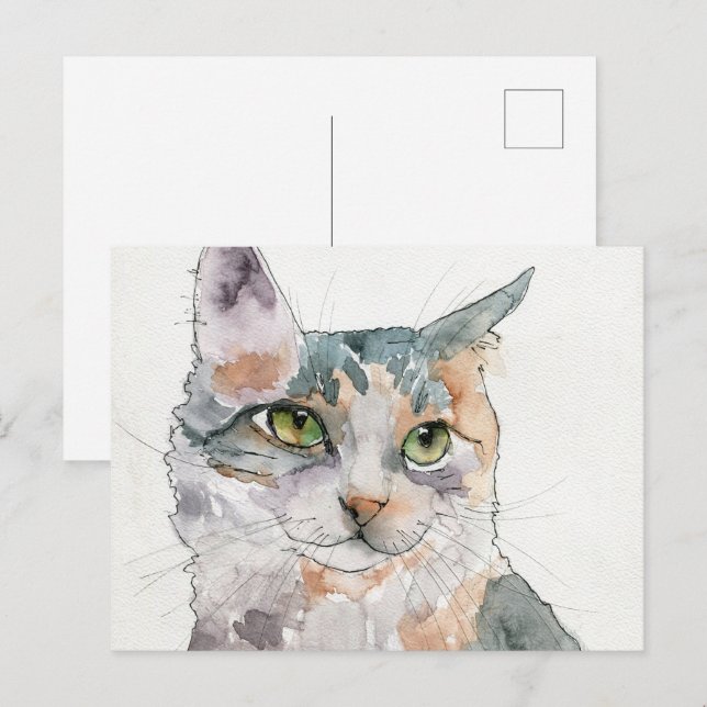 Carte Postale Chat à l'aquarelle (Devant / Derrière)