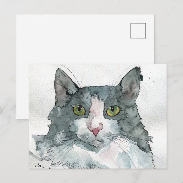 Carte Postale Chat à l'aquarelle (Devant / Derrière)
