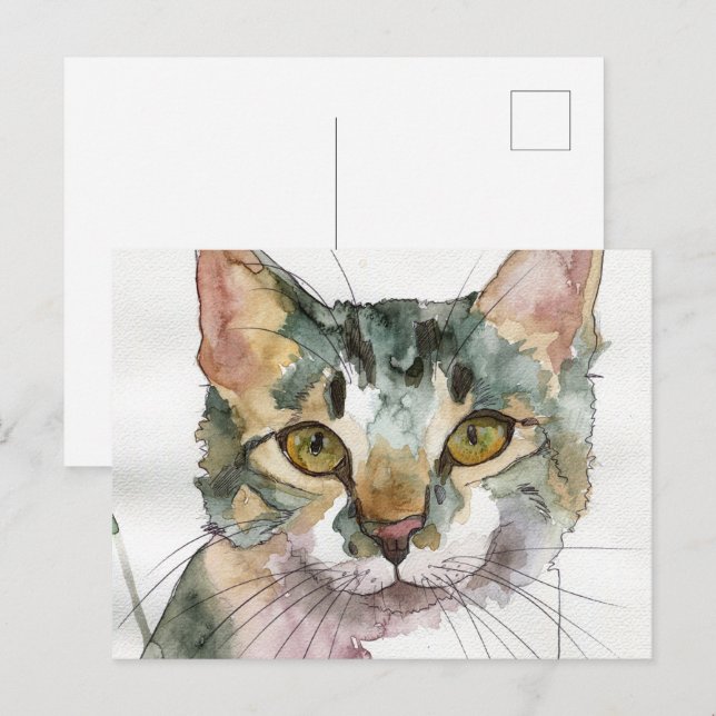 Carte Postale Chat à l'aquarelle (Devant / Derrière)