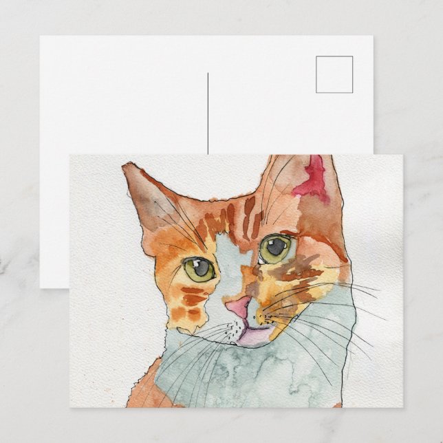 Carte Postale Chat à l'aquarelle (Devant / Derrière)