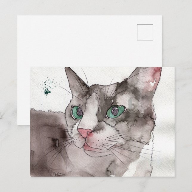 Carte Postale Chat à l'aquarelle (Devant / Derrière)