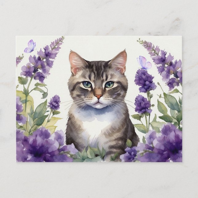 Carte Postale Chat à l'aquarelle avec des fleurs de lavande  (Devant)