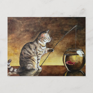 Carte Postale chat à l'aquarelle pêchant