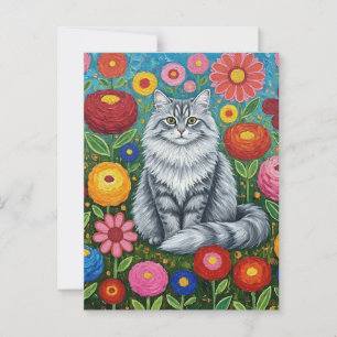 Carte Postale Chat à rayures grises fluides avec fleurs d'art fo