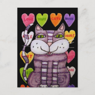 Carte Postale Chat à rayures violettes Vert Yeux Bright Coeurs b