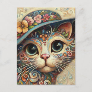 Carte Postale Chat Abstrait à chaton en fleurs avec Casquette
