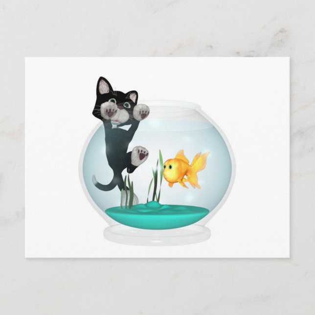 Carte Postale chat accroché à un bol de poisson (Devant)
