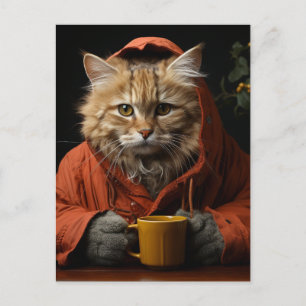 Carte Postale Chat Adorable Avec Café